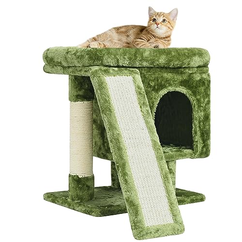 SYANDLVY Kleiner Katzenbaum für Wohnungskatzen, Kätzchen Condo mit Kratzbaum und Brett, Katzenhöhle, Moderner Katzen-Aktivitätsturm mit Plüsch-Sitzstange (Grün) von SYANDLVY
