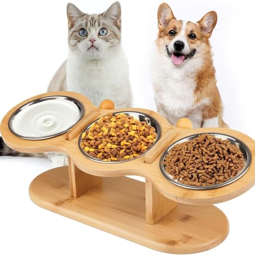 SYFUNLV Katzennapf Erhöht,3er Set Edelstahl Katze Fressnapf,Futternapf Katze mit Bambus Halter,15° Gekippte Ergonomischer Futterstation,Wassernapf für Katzen,für Katzen und Kleine Hunde von SYFUNLV