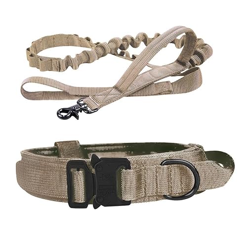 SYH&AQYE Taktisches Hundehalsband- und Leinenset, verstellbar, strapazierfähig, for kleine, mittelgroße und große Hunde(Khaki) von SYH&AQYE
