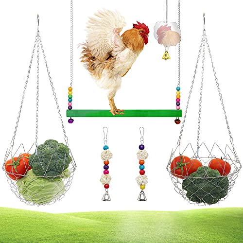 6 Stück Hühnerspielzeug, Hühnerstall-Zubehör, mit 1 Hühnerschaukel, 2 Sepaktakraw Ornamenten, 1 Hühnerspiegel, 2 Metall-Gemüse-Netzkörben von SYMDROMIA
