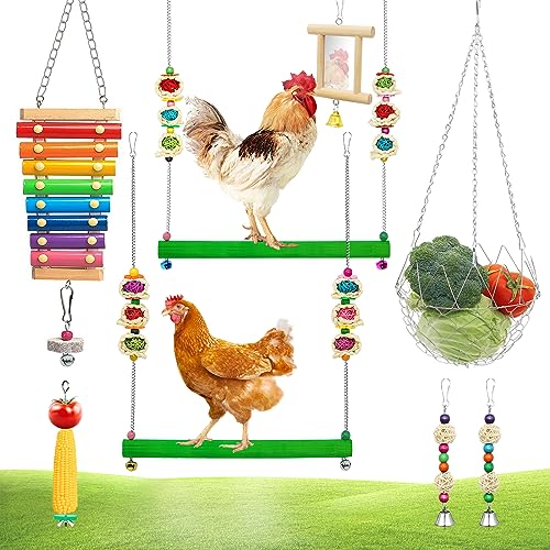 8 Packungen Hühnerspielzeug, Hühnerstall-Zubehör, mit 2 Hühnerschaukel, 2 Sepaktakraw Ornamenten, 1 Hühnerspiegel, 1 Metall-Gemüse-Netzkorb, 1 Gemüse-Frucht-Hängabel von SYMDROMIA