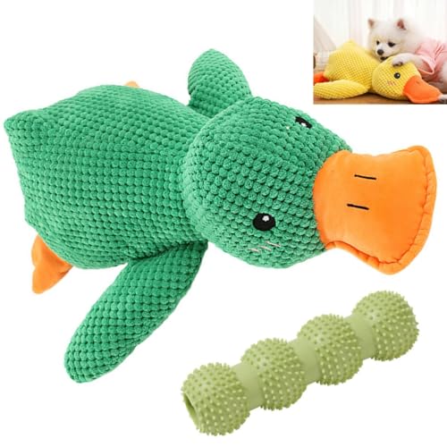 SYRMMM Beruhigende Ente für Haustiere, Anti-Stress-Ente für Hunde, Anti-Stress-Ente, Plüsch-Kauspielzeug für Hunde, geeignet für alle Arten von Haustieren, Grün (mit Zahnreinigungsstab für Haustiere) von SYRMMM