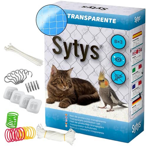 SYTYS Katzennetz für Terrasse, transparent, (8 x 3 m) | Katzennetz für Terrasse | Katzennetz für Fenster | Katzennetz für Katzen und Vögel | komplettes Installationsset (8 x 3 m) von SYTYS