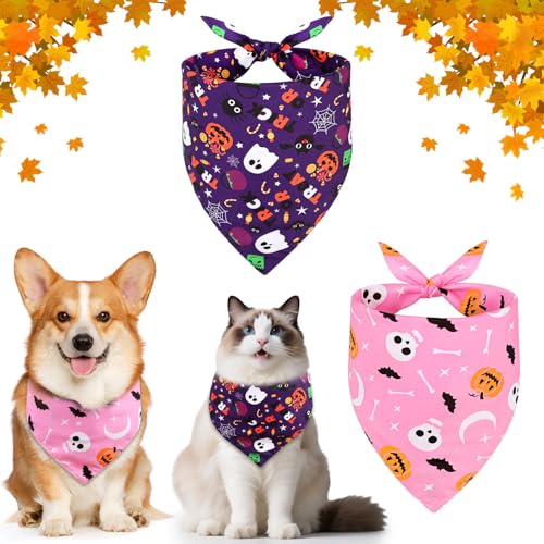 SZEE Hundehalstuch Halloween Hunde Bandana for Dogs, Geschenk Deko mit Kürbis Motiv, Kopftücher Waschbarer Hundehalstücher für Kleine/Mittel/Große Hunde und Katzen Haustier, Lila+Rosa, XL von SZEE