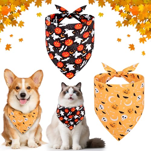SZEE Hundehalstuch Halloween Hunde Bandana for Dogs,Geschenk Deko mit Kürbis Motiv, Kopftücher Waschbarer Hundehalstücher für Kleine/Mittel/Große Hunde und Katzen Haustier, Orange+Schwarz, XL von SZEE