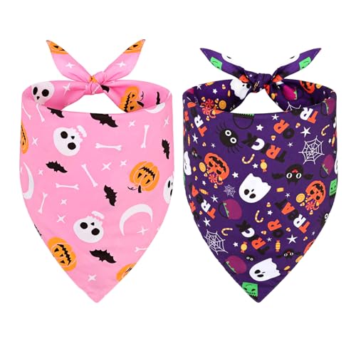 SZEE Halloween-Hundehalstücher – 2 Stück, magisches Haustierzubehör mit Totenköpfen und Kürbissen, Halloween-Halstücher für Hunde für skurrilen Halloween-Stil (groß, lila und rosa) von SZEE