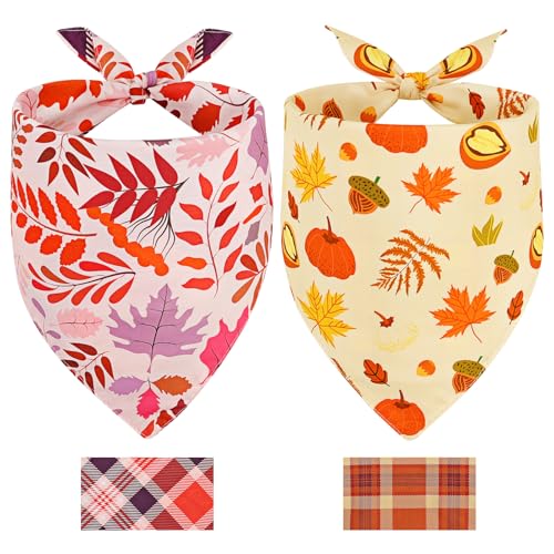 SZEE Herbst-Hundehalstücher – 2 Stück, saisonales Haustierzubehör mit Ahornblättern und Karo, Herbsthalstücher für warme Herbststimmung (groß, Gelb und Rot) von SZEE