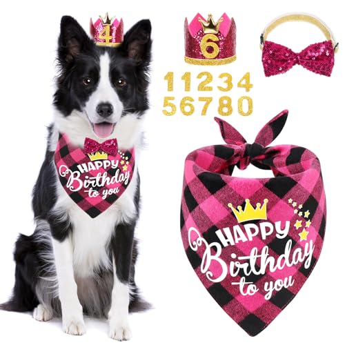 SZEE Hundegeburtstag Bandana, 4 Stück Hund Geburtstag Dekorationen mit Fliege, Krone Hund Geburtstag Hut mit Zahlen für mittelgroße und kleine Hunde, Hund Geburtstag Outfit für Geburtstagsfeier (Rosa von SZEE