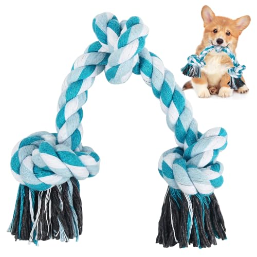 SZEE Hundeseilspielzeug, 3 Knoten Kauseil Spielzeug für mittelgroße und kleine Hunde, natürliche Baumwolle Hund Zugseil für Tauziehen und Zahnreinigung (Blau) von SZEE