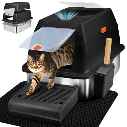 SZEE Katzentoilette aus Edelstahl, XL-Katzentoilette mit Deckel und Gehäuse, Aktivkohle-Geruchskontrolle, Fußteil, Fangmatte und Schaufel im Lieferumfang enthalten (schwarz) von SZEE