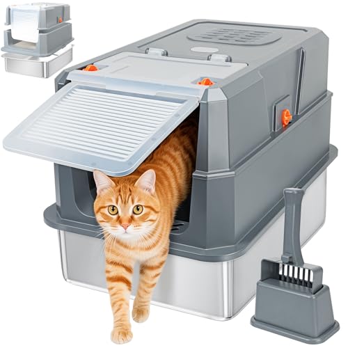 SZEE Katzentoilette aus Edelstahl, große Größe, vollständig / halb geschlossenes Design, faltbare Vordertür zum Schaufeln, Aktivkohlegeruchskontrolle, verhindert Spritzen SZEE Katzentoilette aus Edelstahl, große Größe, vollständig / halb geschlossenes Design, faltbare Vordertür zum Schaufeln, Aktivkohlegeruchskontrolle, verhindert Spritzen von SZEE