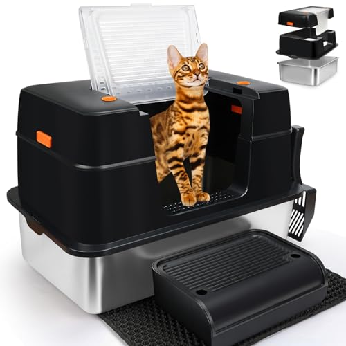 SZEE Katzentoilette aus Edelstahl mit Deckel, Katzentoilette leicht zu reinigen und ohne Geruch zu absorbieren, extra große Katzentoilette mit offen/geschlossenen Modi, inklusive Streuschaufel, SZEE Katzentoilette aus Edelstahl mit Deckel, Katzentoilette leicht zu reinigen und ohne Geruch zu absorbieren, extra große Katzentoilette mit offen/geschlossenen Modi, inklusive Streuschaufel, von SZEE