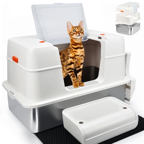 SZEE Katzentoilette aus Edelstahl mit Deckel, leicht zu reinigen und nimmt keinen Geruch auf, extra große Katzentoilette mit offen/geschlossenen Modi, inklusive Streuschaufel, Katzentoilette und SZEE Katzentoilette aus Edelstahl mit Deckel, leicht zu reinigen und nimmt keinen Geruch auf, extra große Katzentoilette mit offen/geschlossenen Modi, inklusive Streuschaufel, Katzentoilette und von SZEE