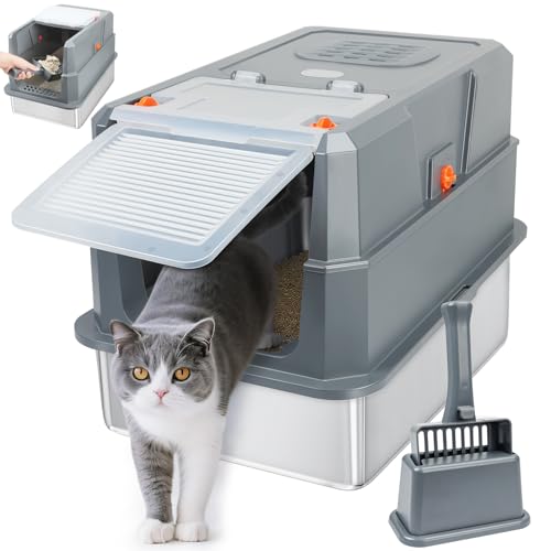 SZEE Katzentoilette aus Edelstahl mit Haube, leicht zu reinigen, verlängertes Innenrand-Design gegen Auslaufen, geruchsresistent, Edelstahl-Katzentoilette mit integriertem Kohlefilter & einer Schaufel von SZEE