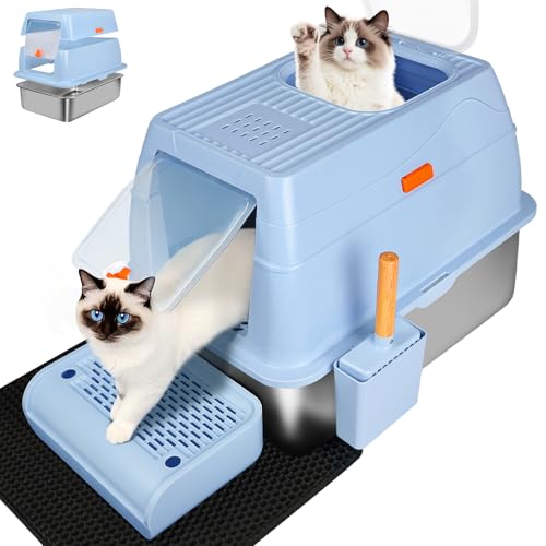 XL Katzentoilette aus Edelstahl, leicht zu reinigen, mit oberem Ausgang, Geruchskontrolle, vollständig geschlossenes Design & Aktivkohleraum, Fangbox und Schaufel im Lieferumfang enthalten (lila) von SZEE