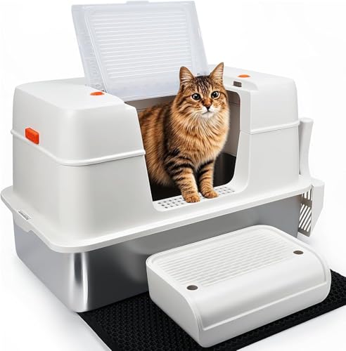 SZEETECH Edelstahl Katzenklo XL, Katzentoilette mit Deckel Groß, Katzenklo mit hohem Rand, Leicht zu Reinigen, Halb/Voll-Geschlossene Edelstahl Katzenklo mit Deckel, 60x40x39,5cm, Weiß von SZEETECH