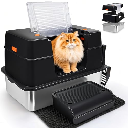 SZEETECH XL Geschlossene Katzentoilette aus Edelstahl, geruchsresistent, leicht zu reinigen, Katzentoilette aus Edelstahl mit Deckel, mit Schaufel, Stufe und Matte - Schwarz von SZEETECH
