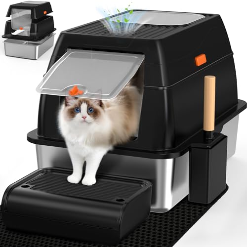 SZEETECH Katzentoilette aus Edelstahl mit Kohlefilter, XL, leicht zu reinigen, geruchsresistent, Edelstahl Katzentoilette mit Haube, Doppeltür-Konfiguration - Schwarz von SZEETECH