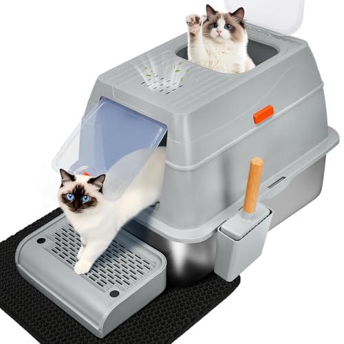 SZEETECH XL überzogene Katzentoilette aus Edelstahl mit Kohlefilter, hochseitiges Design gegen Auslaufen, leicht zu reinigen, geruchsresistente Katzentoilette mit Haube, Doppeltür-Konfiguration - Grau SZEETECH XL überzogene Katzentoilette aus Edelstahl mit Kohlefilter, hochseitiges Design gegen Auslaufen, leicht zu reinigen, geruchsresistente Katzentoilette mit Haube, Doppeltür-Konfiguration - Grau von SZEETECH
