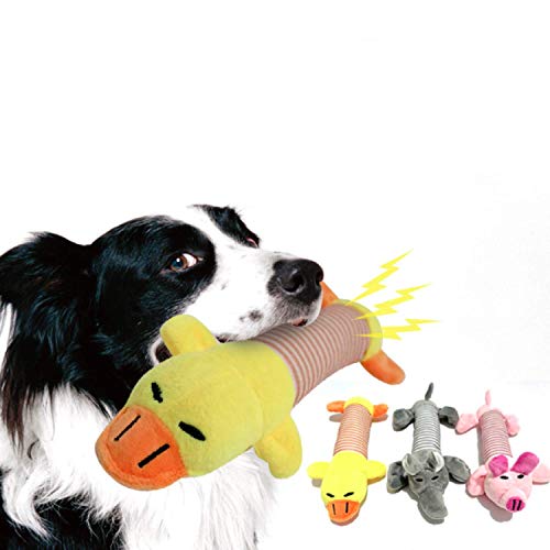 SZMYLED 3 x Quietschspielzeug für Hunde, weiches Plüschspielzeug für Hunde, interaktives Spielzeug, bestes Kauspielzeug, 1 x rosa Schwein, 1 x gelbe Ente, 1 x grauer Elefant von SZMYLED