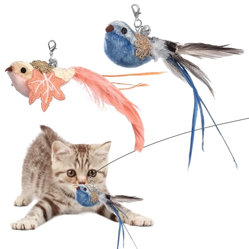 SZSIQI 2 Stück Katzenspielzeug Vogel, Katzenangel Ersatzfedern, Interaktives Katzenspielzeug Federn, Katzenangel Anhänger Feder Vogel mit Glocken, Federspielzeug von SZSIQI