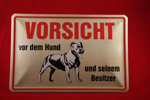 Vorsicht vor dem Hund und dem Besitzer quer beige Blechschild 20x30 cm Pitbull Hund Dog Schild Sign von Sachen aus Blech