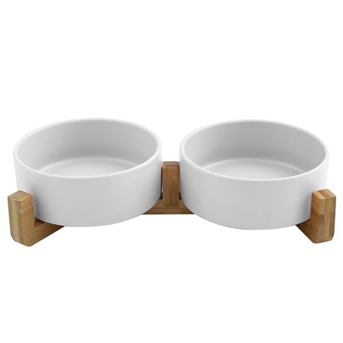 Sadie & Simba Keramiknapf-Set für Hunde und Katzen, mit Bambusständer, 3,6 Tassen, mittelgroß, Weiß von Sadie & Simba