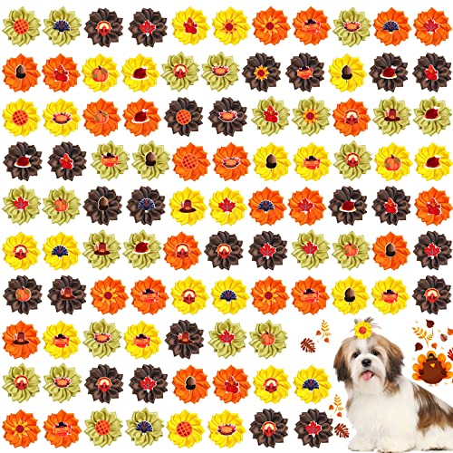 100 Stück Hundehaarschleifen mit Gummibändern, Hundehaar-Zubehör, Hundepflege-Schleifen, verschiedene Farben, Blütenblatt-Schleifen für Haustiere, Erntedankfest, Party-Geschenke (Ahornblatt-Stil) von Sadnyy