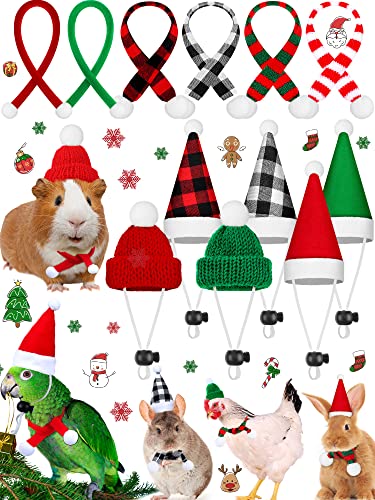 12 Stück Kleintier-Weihnachtskostüm Mini Weihnachtsmannmütze und Schal Xmas Meerschweinchen Verstellbar Warm Streifen Strickschal und Buffalo Plaid Mütze für Kaninchen, Chinchilla, kleine Haustiere von Sadnyy