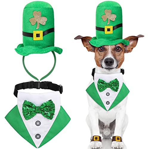 2 Stück St. Patrick's Day Hundehalstuch mit Fliege und Haustierkostüm Hut, grüne Hundefliege, Halsband, irischer Hund, Smoking, St. Patrick, Kostüm für Hunde, Welpen, Verkleidung, Cosplay (Medium) von Sadnyy
