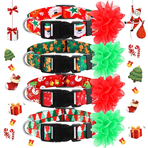 4 Stück Weihnachts-Hundehalsband, Blumenmuster, verstellbar, Nylon, Haustier mit Blume, Elch, Lebkuchen-Weihnachtsmann-Muster mit Kunststoffschnalle für Welpenhalsband (Medium) von Sadnyy
