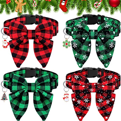 4 Stück Weihnachts-Hundehalsband mit Schleife, verstellbares Urlaubs-Hundehalsband, kariert, rot, grün, mittelgroße und große Hunde, Haustiere (klein) von Sadnyy