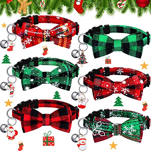 6 Pcs Christmas Cat Collar for Girl Cats Holiday Breakaway Cat Collars with Bow Tie and Bell Adjustable Kitty Kitten Cat Outfit Buffalo Plaid Snowflake Pattern Collar with Safety Buckle for Cats von Sadnyy