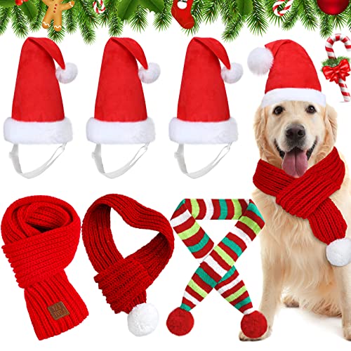 6 Stück Weihnachtsmütze und Schal für Hunde inklusive 3 verstellbaren Weihnachtskatzenmützen und 3 HaustierStrickschal mit weißem PomponBall, gestreifter Schal für den Winter, Haustierzubehör für von Sadnyy
