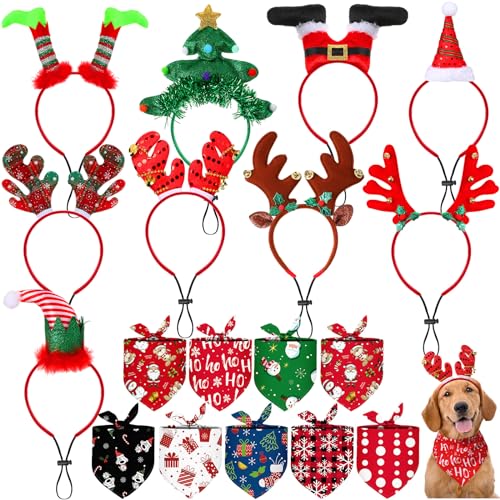 Sadnyy 18 Stück Haustierkostüm-Zubehör mit 9 Weihnachts-Hundeschals und 9 Weihnachts-Hunde-Lätzchen, Bandana, Hunde-Weihnachtsschal, Bandana, verstellbares Haustier, Rentiergeweih, Stirnband für von Sadnyy