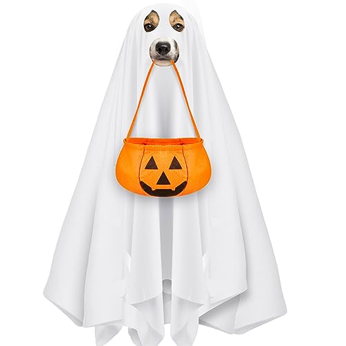 Sadnyy Halloween-Geister-Hunde-Kostüm-Set, enthält weiße Hundekostüme und Halloween-Eimer, Geister-Kostüme für Hunde, Katzen und Filz-Kürbis-Süßigkeiten-Eimer für mittelgroße und große Hunde von Sadnyy
