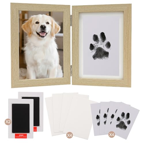 Pfotenabdruck Set Hund Katze, Fußabdruck Baby Set mit Holz Bilderrahmen, Baby Abdruckset 0-6 Monate mit 2 Tintenloses Stempelkissen 4 Karten, Geschenk für Hunde Geschenke, Baby Shower Familie von SahCognitual