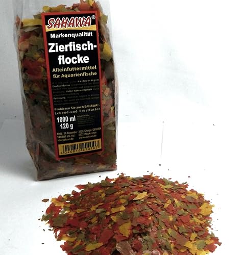 Zierfischflocke 1l= ca 120g im Beutel +3 kl. Mooskugeln 1-2 cm Futter für Aquarium Bewohner 4 FarbenMix von SAHAWA