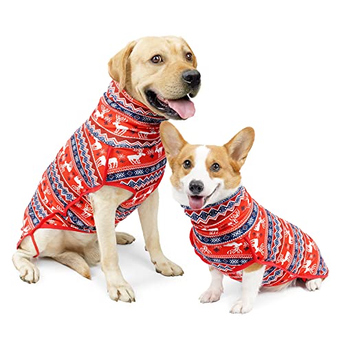 SaiDeng Haustier-Hunde-Weihnachtskostüme, Rentier-Schneeflocken-Druck, bequem, atmungsaktiv, Winter, warme Pullover-Kleidung für alle Arten von Hunden für Weihnachten, Halloween, Neujahr, Party, Rot, XL von SaiDeng