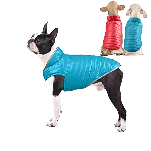 SaiDeng Wendbare Hunde-Winter-Daunenjacke mit reflektierenden Streifen, leichte, doppelseitige Kontrastfarbe, Winter-Haustierweste, warmes kaltes Wetter, Hundekleidung für kleine, mittelgroße Hunde, rot + blau, XL von SaiDeng