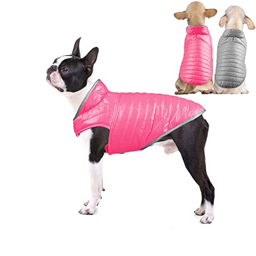 SaiDeng WendeDaunenjacke für Hunde, mit reflektierenden Streifen, leicht, doppelseitig, Kontrastfarbe, WinterHaustierweste, warmes kaltes Wetter, Hundekleidung für kleine, mittelgroße Hunde, Rosa + von SaiDeng