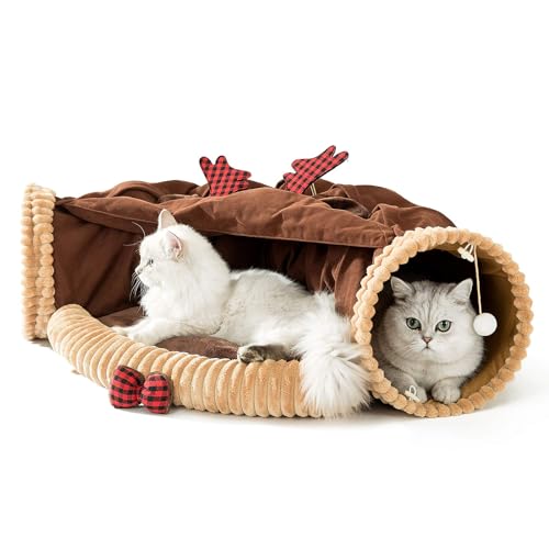 SaiDuoDuo 2 in 1 Katzentunnel für Indoor Katzen, Katzenrohr mit zusammenklappbarem waschbarem Katzenbett, großes Geschenk für kleine Haustiere für Welpen Dods und Katzen,Braun von SaiDuoDuo