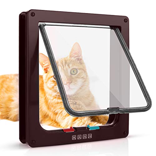 Sailnovo Katzenklappe Hundeklappe 19*20*5.5cm 4 Wege Magnet-Verschluss für Katzen und kleine Hunde - Hundetür Katzentür Haustierklappe (M, Braun) von Sailnovo