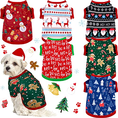 6 Stücke Weihnachten Hundekleidung Haustier Shirts Atmungsaktiv Welpen Weste Gedruckt Weihnachten Schneemann Rentier Santa Claus Hundeshirts für Weiches Outfit Hunde und Katzen (L) von Saintrygo