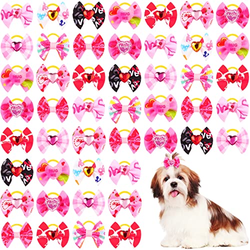 60 Stück/30 Paar Valentinstag Hundehaarschleifen für Valentinstag Hundeschleifen mit Gummibändern Herz süße rosa Hundepflege Zubehör von Saintrygo