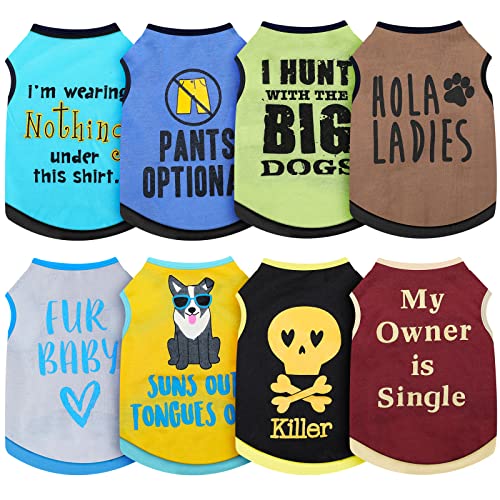 8 Stück Hunde-Shirts, bedruckt mit lustigen Buchstaben, Sommer, Haustier-T-Shirts, cooles Welpen-Shirts, atmungsaktives Outfit, weiches Sweatshirt für Haustiere, Hunde, Katzen (lebendiges Muster, von Saintrygo