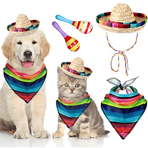 Mexikanische Hundekostüm-Accessoires, Sombrero, Mini-Strohhhut, 2 Holz-Maracas, Hundehalstuch, Dreieckstuch, Halstuch für Cinco De Mayo, kleine Haustiere, Katze, Hunde, Party-Dekoration, 4 Stück von Saintrygo