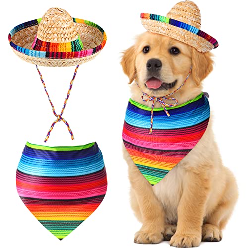 Sombrero Hut für Hunde, mehrfarbig, Sombrero, Partyhüte, Strohhut, mexikanischer Hut und Hundehalstuch, Dreiecks-Lätzchen, Kostüm für mexikanische Cinco De Mayo, Fiesta, Party-Dekorationen von Saintrygo
