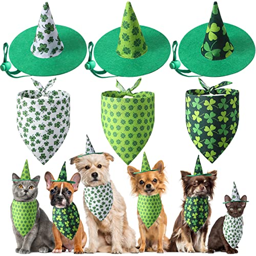 St. Patrick's Day Haustier-Kostüm, 3 irische Hunde-Bandanas, Dreieck-Lätzchen, Schal-Accessoires und 3 grünes Kleeblatt, Haustier-Hut, Katze, Hexenhut, Party-Kostüm, Outfit für kleine, Tiere, 6 Stück von Saintrygo