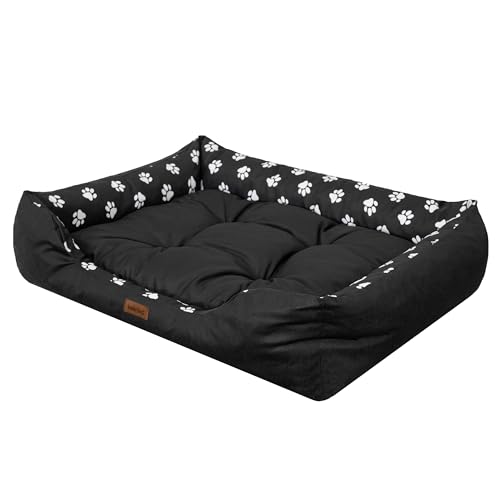Hundebett Hundesofa - L: 92 x 73 x 23 cm - Schwarz + Hundepfotenmuster, Hundekissen mit erhöhte Ränder für kleine, mittelgroße und große Hunde Hundekörbchen Kuscheliges Hundedecke Hundeliege Hundebett Hundesofa - L: 92 x 73 x 23 cm - Schwarz + Hundepfotenmuster, Hundekissen mit erhöhte Ränder für kleine, mittelgroße und große Hunde Hundekörbchen Kuscheliges Hundedecke Hundeliege von Sales Core